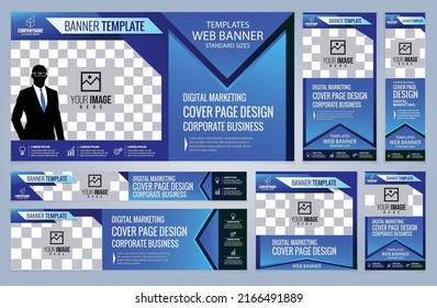 Set of Blue Web banners templates, Coverpage Standard sizes with space. Vector illustration