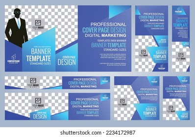 Set von Blue Web-Banner-Vorlagen, Coverpage Standard Größen mit Leerzeichen. Vektorgrafik