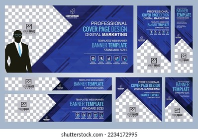Set of Blue Web banners templates, Coverpage Standard sizes with space. Vector illustration