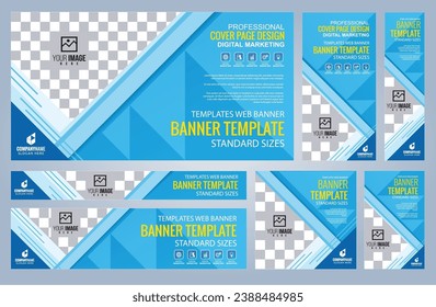 Conjunto de plantillas de banners Web azules, tamaños estándar de cobertura con espacio. Ilustración del vector
