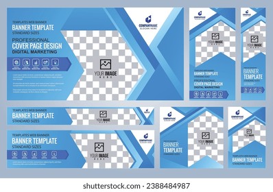 Set of Blue Web banners templates, Coverpage Standard sizes with space. Vector illustration