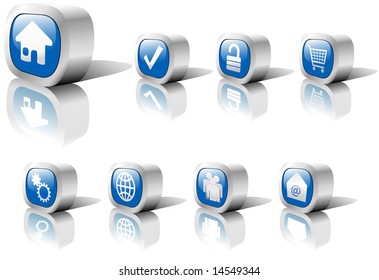 A set of blue web button icons in shiny metal settings, including reflections and shadows. On white.