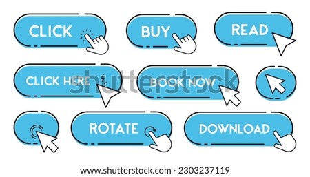 Set of blue web buttons with click hand and arrow in a flat design