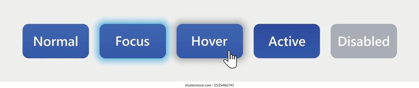 Conjunto de botões da Web azuis: normal, foco, focalizar, ativo, desativado. Elementos da interface do usuário. Ilustração vetorial