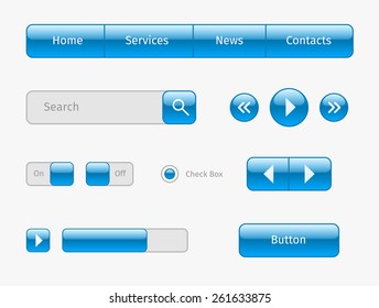 Set of blue web elements design. Buttons, horizontal navigation, search, play.