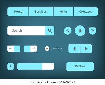 Set of blue web elements design. Buttons, horizontal navigation, search, play.