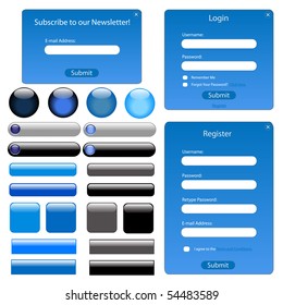 Set of blue web forms and buttons.