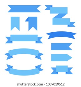 Set of blue web graphic decorative ribbons, vector icons. Different variations of classic ribbon shapes isolated on white background.