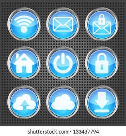 set of blue web icons on a metallic background