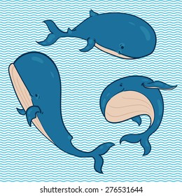 the set of blue whales in different poses  on the background of waves