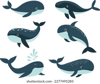 conjunto de ballenas azules en vector de estilo plano