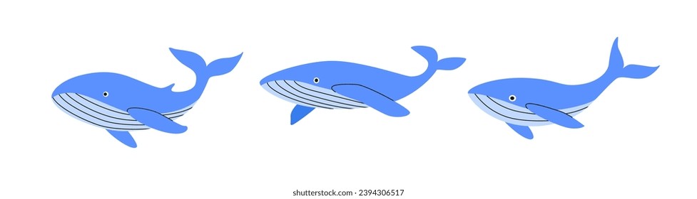 Set of blue whales in flat style. Sea animals. World Whale Day. Underwater world. Marine sealife. Vector illustration for print, card, logo, poster, banner.