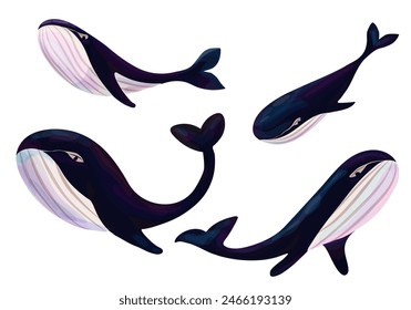 Set of blue whales. Vector art, isolated on white background. Ocean fauna. Hand-painted nautical illustration. Watercolor style. Illustration for posters, banners, postcards, fabrics.