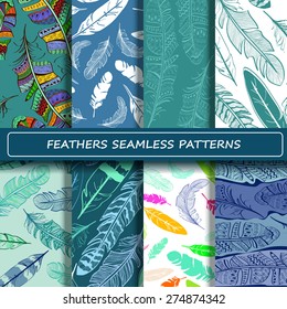 Set of blue white abstract ethnic bird feather seamless pattern. Scrapbook design elements. All patterns are included in swatch menu.
