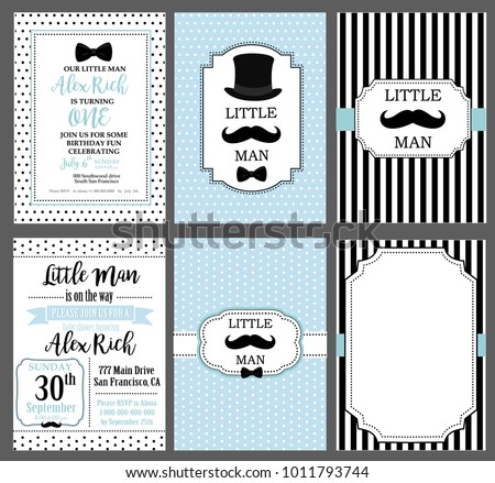 A set of blue, white and black templates for invitations. Collection of invite cards can be use for party(baby shower, father's day, wedding, birthday) Little man vintage style. Frames for boy's photo