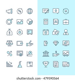 Set of blue and white business icons isolated on light background.