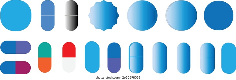 set of blue and white buttons on white pile of medical pills and blue pills on a background	