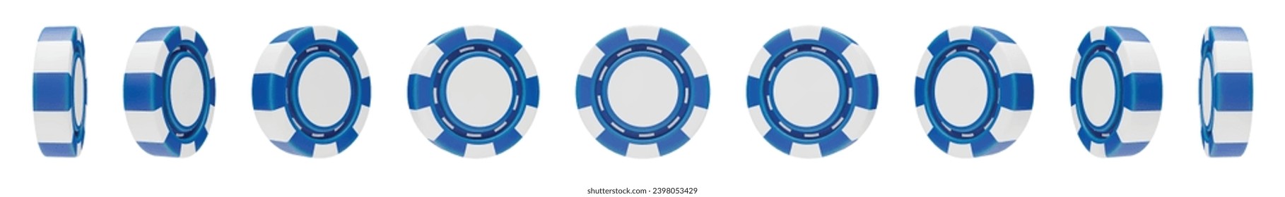 Set of blue and white casino chips 3D rendering. Casino, gambling game, betting symbol. Online gambling token for slot, poker, roulette, blackjack three dimensional vector illustration