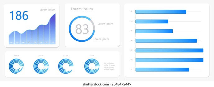 Set of blue and white charts, including bar and circular graphs, representing data and analytics. Financial presentations. Concept of economics, financial market analytics, business