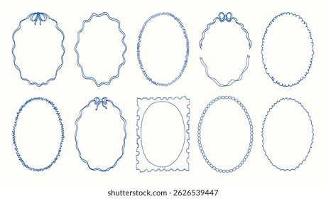 A set of blue and white circles with a bow in the middle. The circles are all different sizes and shapes