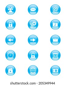 Set of blue and white circular buttons for mobile phone applications or web