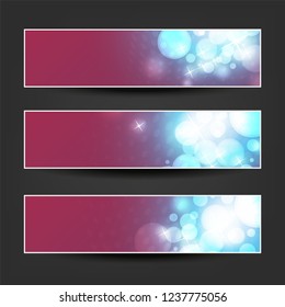 Set of Blue, White and Claret Horizontal Sparkling Banner Designs for Christmas, New Year, Seasonal Events or Holidays