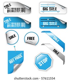 Set of blue and white discount tickets labels stickers corners tags -Vector