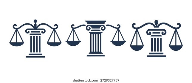 Um conjunto de ícones azuis e brancos com escalas de justiça em pedestais de coluna, simbolizando a lei e a justiça, retratados em um estilo simples e elegante