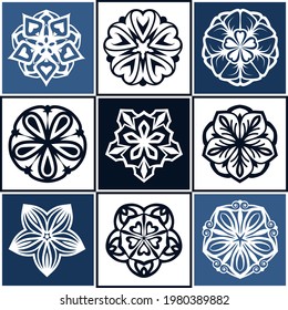 Mandala azul y blanca aislada en segundo plano. Ornamentos decorativos vectoriales redondos. Elementos de diseño mínimo forma de flor de icono de copo de nieve para logotipo, arte de tatuajes.