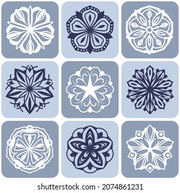 Set of blue and white mandala isolated on background. Vector decorative round ornaments. Minimal design elements flower shape of snowflake icon for logo, tattoo artwork.