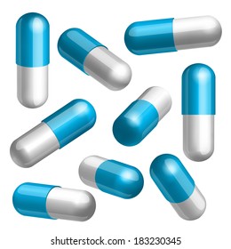 Set of blue and white medical capsules in different positions Vector illustration