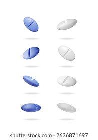 Set of blue and white medical pill 3d vector illustration. Medicine and pharmacy concept for health care and treatment.