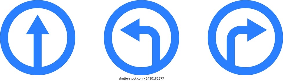 Set of Blue and White One Way Only Round Floor Marking Sticker Icon with Direction Arrow and Text. Vector Image.