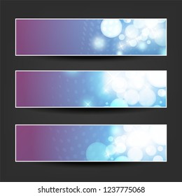 Set von horizontalen, blauen und violetten Bannerdesigns für Weihnachten, Neujahr, Feiertage oder Feiertage