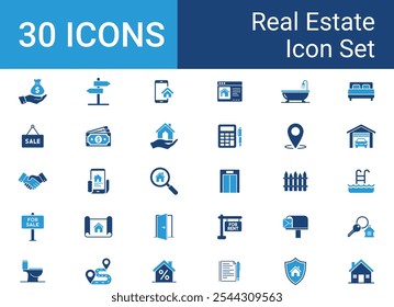 Set of blue and white Real Estate Icon Set represents real estate, buying, selling, renting, home features. Vector Illustration