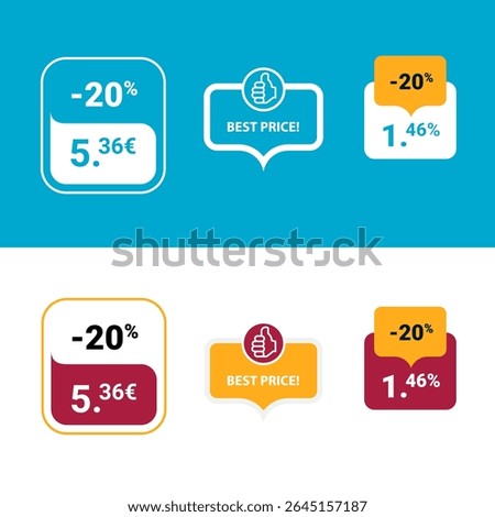 Set of blue, white and red label icons with a thumbs up and a price tag on a blue and white background.