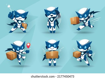 set of blue white robot super hero mascot delivery package