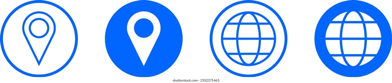 Set of Blue and White Round World Globe Earth Web Map and Location Pointer Pin or You Are Here Marker Sign Button Icon Set. Vector Image.