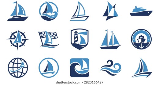 Set of blue and white sailing and marine symbols