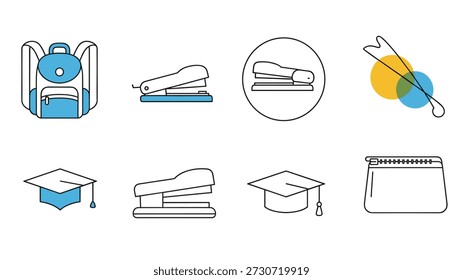 Set of blue and white school supply icons including a backpack, stapler, graduation cap, and pencil case for education themes.