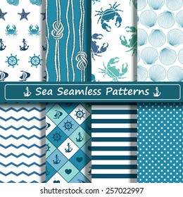 Set of blue and white sea seamless patterns. Scrapbook design elements. All patterns are included in swatch menu.