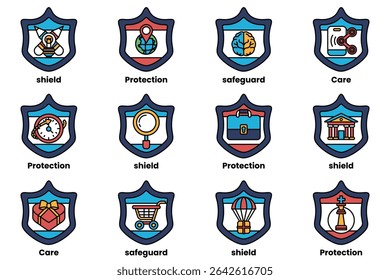 A set of blue and white shields with various symbols and words on them. The shields are arranged in a grid, with each one having a different design and message. Scene is one of protection and safety