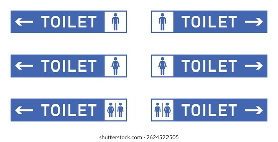 Set of blue and white toilet sign with male, female, and unisex icons and directional arrows. Public spaces, airports, malls, and restrooms, wayfinding, or facility layout design. Vector illustration.