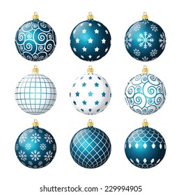 Set of blue and white vector christmas balls with different patterns