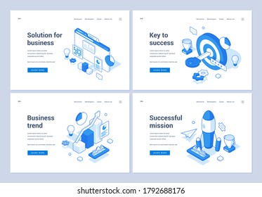 Set of blue and white vector illustrations of web banners advertising various modern solutions and ideas for successful business development. 3D isometric web banners, landing page templates
