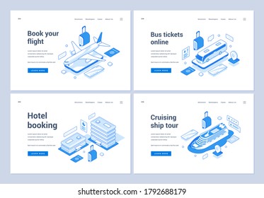 Set of blue and white vector illustrations of banners advertising assorted modern services for booking transport tickets and hotel rooms online. 3D isometric web banners, landing page templates