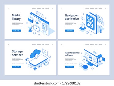 Set of blue and white vector illustrations of banners advertising various online applications and software for mobile gadgets and computers. 3D isometric web banners, landing page templates