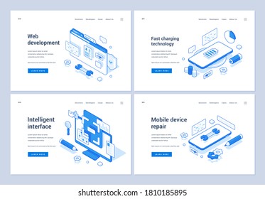 Set of blue and white vector illustrations advertising of assorted web development and device repair services in modern technology industry. 3D isometric web banners, landing page templates