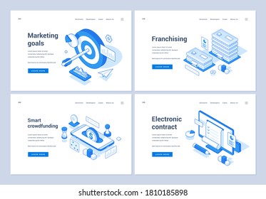 Set of blue and white vector illustrations of banners advertising of various online and electronic services for business development and marketing. 3D isometric web banners, landing page templates
