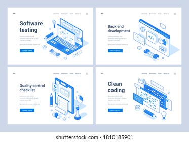 Set of blue and white vector illustrations of banners advertising various modern software coding and programming and website development services. 3D isometric web banners, landing page templates